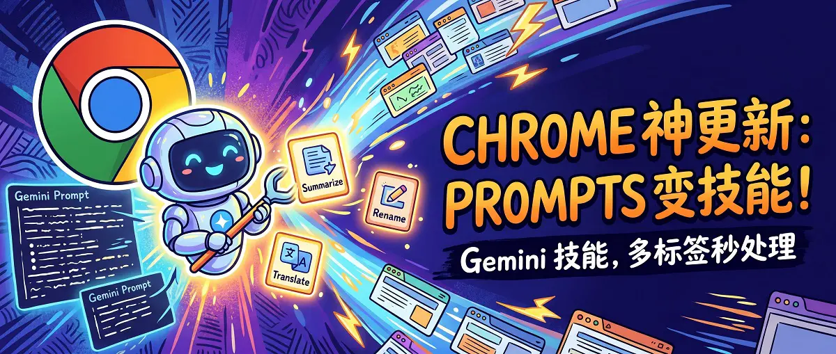 Chrome 重大更新！Skills 功能教你把 Gemini Prompt 变成可重复「技能」，多标签页秒处理