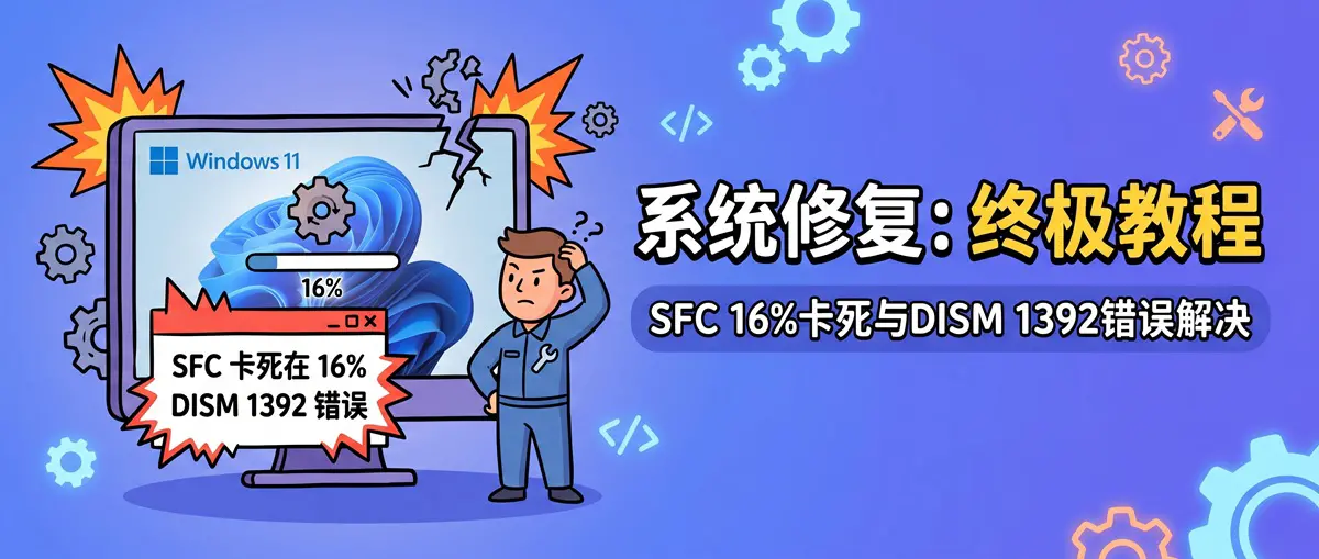Windows 11设置打不开闪退？SFC卡在16%与DISM 1392错误的终极修复教程
