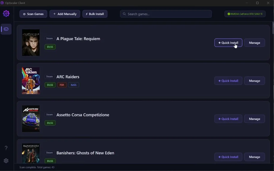 再见手动复制DLL!Optiscaler Client 让 GTX 1080 / RX 6700 轻松用上 FSR4 INT8 2 Optiscaler Client 就是一个专门管理 Optiscaler 的小工具