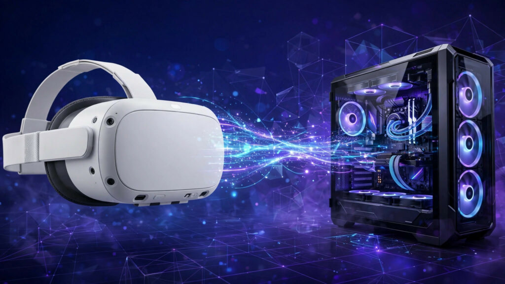 Quest 独占游戏跑上 PCVR:开源兼容层 AXRB 上手指南 2 白色 VR 头显与游戏 PC 之间的数据流概念图:Quest 独占游戏经 AXRB 兼容层在 PC 上全功率运行